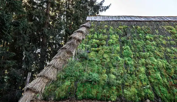 Heavy moss growth covering a sloped thatched roof, showing the need for proper roof moss removal and maintenance.